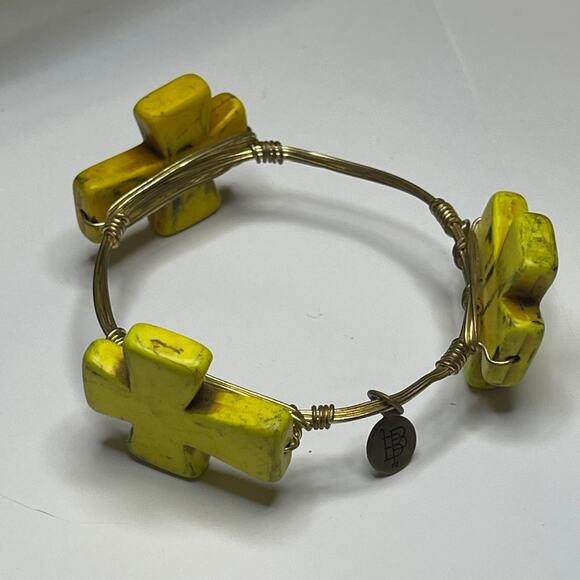 BOURBON & BOWETIES gold tone bracelet bangle canary yellow dyed stone cross - Picture 1 of 8